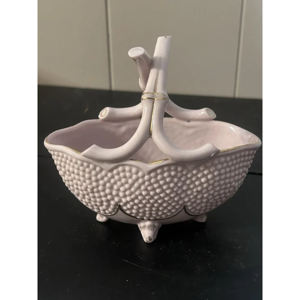 Vintage L&M Lipper & Mann Pink Porcelain Basket Floral Gold Trim Handled Decor